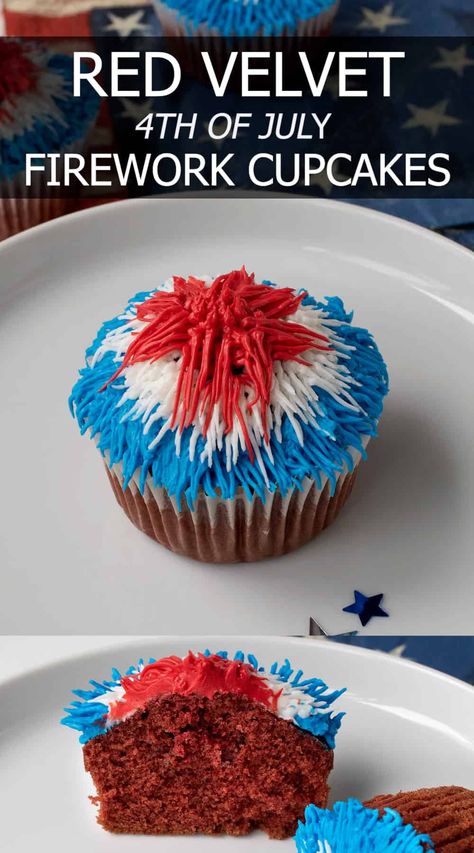 Red Velvet 4th of July Firework Cupcakes are perfectly festive for your holiday weekend grilling and cookouts. Simple red velvet cupcakes are adorned with patriotic red, white and blue frosting to emulate fireworks. Fireworks Cake Design, Cake With Fireworks, Firework Cake Pops, Firework Cupcakes Bonfire Night, Firework Cupcakes, 4th Of July Truffle Cake, Blue Frosting, Cupcake Images, Cupcake Bakery