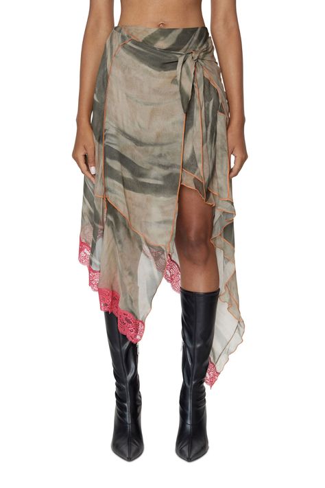 Diesel Skirts, Camo Skirt, Skirt With Lace, Lace Hem, Green Skirt, Camo Print, Official Store, High Low Dress, Camouflage