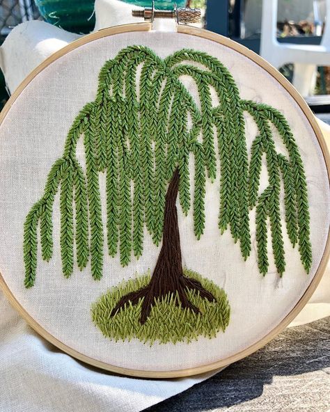 Fern Stitch Embroidery Designs, Fern Embroidery Stitch, Simple Tree Embroidery, Willow Tree Embroidery, Fern Stitch Embroidery, Willow Embroidery, Fern Embroidery, Embroidered Trees, Forest Embroidery