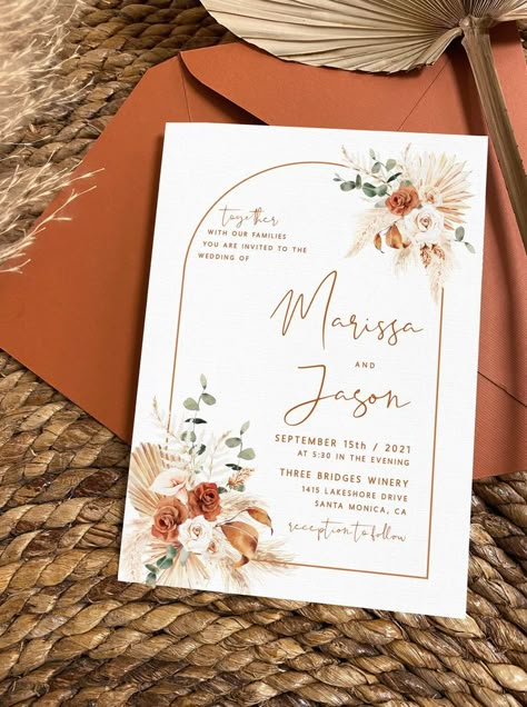 Wedding Invatations, Orange Invitation, Boho Wedding Invitation Template, Orange Wedding Invitations, Rusting Wedding, Boho Wedding Invitation, Burnt Orange Weddings, Wedding Invitations Boho, Fall Wedding Invitations