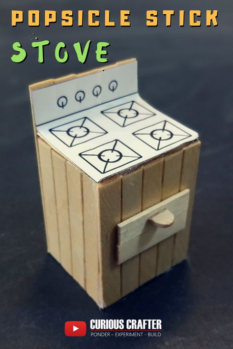 How to create a popsicle stick stove for a dollhouse. This is one of many toy furniture pieces by Curious Crafter. Check out the video on YouTube. Hope you like it! Diy Popsicle Stick Doll Furniture, Diy Dollhouse Furniture Popsicle Sticks, Diy Wood Barbie Furniture, Popsicle Doll Furniture, Popsicle Stick Kitchen, Popsicle Stick Barbie Furniture, Popsicle Furniture Diy, Miniature Furniture Diy Popsicle Sticks, Popsicle Stick Mini Furniture