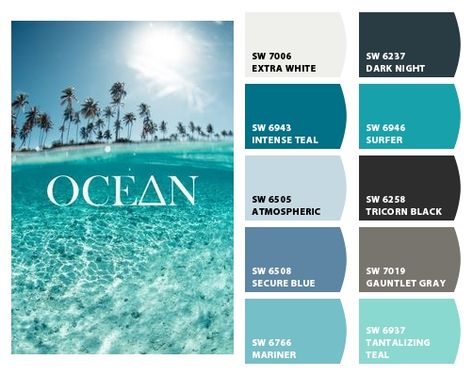 ocean color Sherwin Williams Coastal Paint Colors, Beach House Colors, House Color Palettes, Pintura Exterior, Paint Color Schemes, Coastal Colors, Beach Bedroom, Beach Color, Ocean Colors