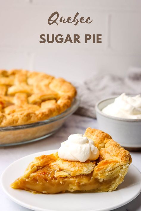 A traditional French Canadian dessert, Quebec sugar pie has a smooth, rich, creamy filling. This recipe contains both brown sugar and maple syrup. It's very inexpensive and simple to make! Sugar Pie Quebec, Canadian Treats, Quebec Style, French Pie, Maple Pie, Holiday Bakes, Healthy Protein Desserts, Canadian Dessert, Canadian Recipes