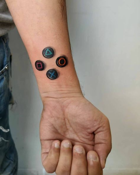 Playstation Buttons Tattoo, Playstation Tattoo Ideas, Buttons Tattoo, Playstation Buttons, Playstation Tattoo, Button Tattoo, World Tattoo, Symbol Tattoos, Tattoo Inspo