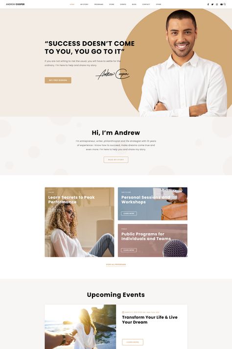 The Leadership Coach theme is a WordPress theme designed for leadership coaches, career coaches, business mentors, and other coaching professionals. It offers a range of features and functionalities to create a professional and engaging online presence for coaching services and personal development. Coaching Website Design, Life Coach Website, Andrew Cooper, Coaching Services, Coach Website, Make Dreams Come True, Business Life, Coach Men, Business Mentor