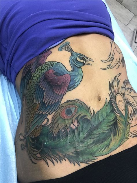 Phoenix Stomach Tattoo, Stomach Cover Up Tattoos, Star Tats, Lower Stomach Tattoos For Women, Stomach Tats, Stretch Mark Tattoo, Lower Belly Tattoos, Lower Stomach Tattoos, Tummy Tattoo