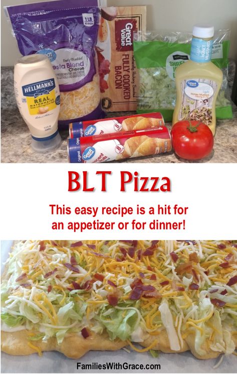 Not only is this BLT pizza perfect for an appetizer, dinner or carry-in, it's also easy to make and delicious! You've got to try it! #Bacon #BLT #BLTPizza #Recipe #EasyRecipe Carry In Appetizers, Blt Pizza Recipe With Mayo, Blt Pizza Recipe, Blt Pizza, Appetizer Dinner, Meal Planing, Bacon Blt, Cook Steak, Kid Meals