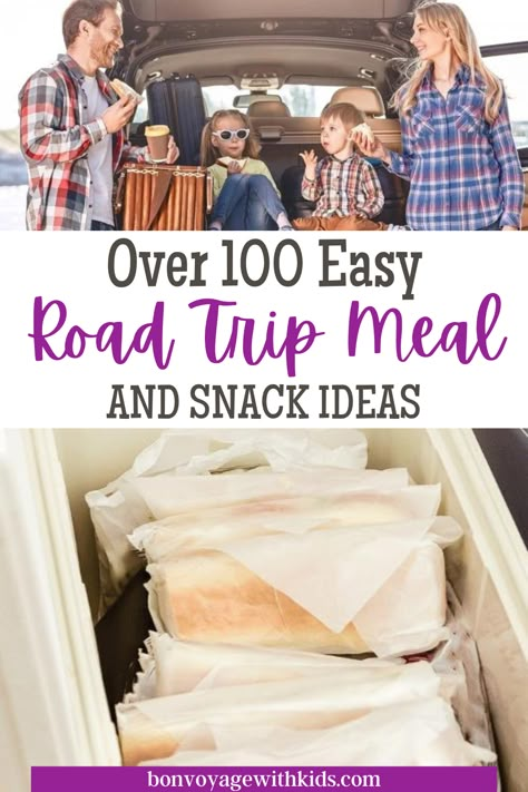 Easy Food To Eat While Driving, Road Trip Trash Can, Snack Packing For Road Trip, Mess Free Road Trip Snacks, Make Ahead Road Trip Snacks, Long Road Trip Snack Ideas, Quick Rv Meals, Rv Snack Ideas, Rv Road Trip Meals