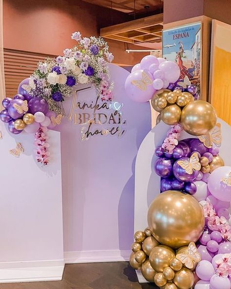 Perth Party Stylist l Carly ✨ on Instagram: "Bridal Shower 💜💐 Celebrating with a high tea and a lovely backdrop setting, all the guests wore shades of purple and it was an absolutely stunning effect. ✨ Styling @sassysnapsperth Signage @barley.boy Balloons @ohmyballoonbar Florals @_nudeflora Venue @thestageperth" 50 Shades Of Purple Birthday Party Ideas, Purple Bridal Shower Backdrop, Shades Of Purple Bridal Shower Ideas, Purple And Gold Bridal Shower Ideas, Lilac Bridal Shower Ideas, Shades Of Purple Party, Bridal Shower Inspiration Decor, Purple Bridal Shower Ideas, Bridal Shower Decorations Purple