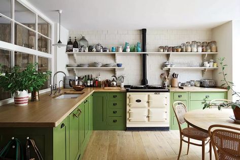 Henrietta Courtauld The Land Gardeners London Home remodelling remodelled by Retrouvius | House & Garden Plain English Kitchen, Farmhouse Side Table, English Kitchens, London House, Green Cabinets, Kitchen Paint, Stylish Kitchen, House Garden, Green Kitchen