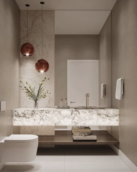 Vessel Sink On Floating Shelf, Neutral Washroom Design, Powder Room Stone Wall, Modern Hotel Bathroom Design Luxury, Powder Room Luxury Modern, Marble Powder Room Ideas, Dramatic Powder Room Luxe, Powder Bath Pendant Lighting, Modern Powder Bathroom Design