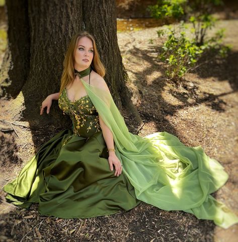 Acotar Dress, Fairy Costume Green, Titania Fairy Queen, Olive Green Satin Dress, Queen Titania, Medieval Corset, Costume Green, Green Satin Dress, Dress Fairy