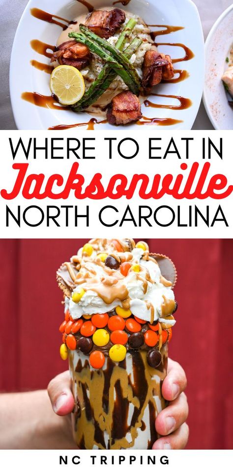 Looking for the best restaurants near Jackonsville, NC? Or are you stationed at Camp Lejeune? These restaurants in Jacksonville, NC are perfect for a date night or an evening with friends. Enjoy delicious seafood, county cookin', and delectable dishes. Written by NC locals, we've eaten everywhere so we could report back to you. #USA #NC #NorthCarolina #JacksonvilleNC North Carolina Food, Jacksonville North Carolina, Visit North Carolina, Bacon Wrapped Scallops, Camp Lejeune, Jacksonville Nc, North Carolina Travel, Unique Restaurants, Sandwiches For Lunch