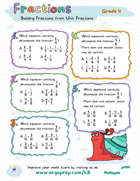 This worksheet is all about selecting the correctly decomposed fractional components. It’s a multiple-choice worksheet, so students who are still becoming familiar with the concept can check their theories more easily. These problems will also give students a bit more practice with subtracting fractions. laying the foundation for division of fractions soon. Decomposing Fractions, Math Minutes, Perimeter Worksheets, Classroom Preparation, Unit Fractions, Third Grade Writing, Subtracting Fractions, Algebra Worksheets, Counting On