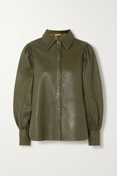 Ganni Leather Shirt Designer Leather Jackets, Best Leather Jackets, Leather Shirt, Solid Color Shirt, Blouse Online, Jacket Design, Green Leather, Net A Porter, Shirt Outfit