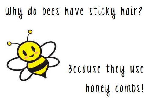 Q: Why do bees have sticky hair? A: Because they use honey combs. Hair Puns Humor, Kids Jokes And Riddles, Honey Combs, Sloth Funny, Kids Jokes, Funny Corny Jokes, Lunchbox Jokes, Punny Jokes, Lame Jokes