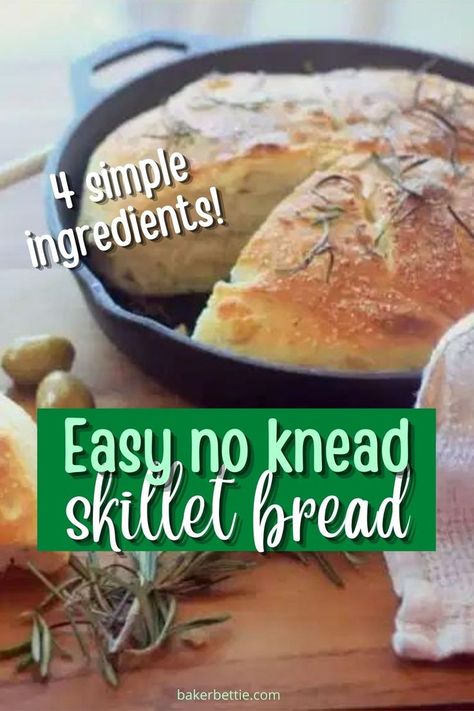 The is the easiest no-knead skillet bread. This recipe only takes for 4 simple ingredients. Mix together, let the dough rise, pan and bake. You won’t get your hands or counters messy. Skillet Bread, Iron Skillet Recipes, Biscuit Rolls, Cast Iron Skillet Recipes, Cast Iron Recipes, No Knead Bread, Baked Bread, No Knead, Easy Bread