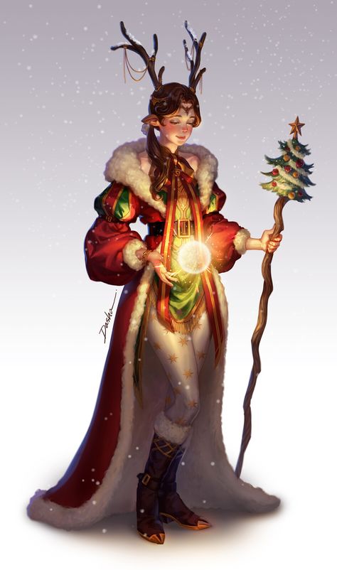 Spirit of Christmas, Dasha Y. Park on ArtStation at https://www.artstation.com/artwork/oOV5PO Christmas Dnd Monsters, Christmas Elf Character Design, Dnd Christmas Characters, Christmas Dnd Character, Winter Elf Dnd, D&d Christmas, Fantasy Christmas Art, Christmas Character Art, Christmas Fantasy Art