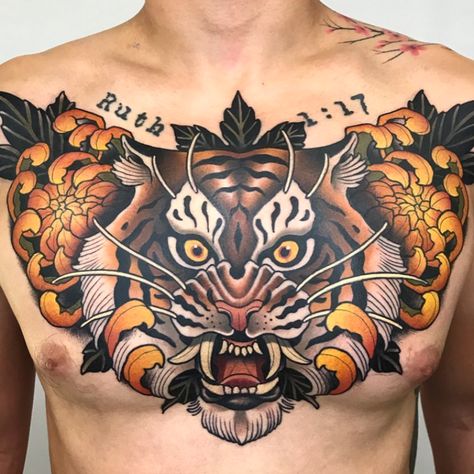 Tiger Chest Tattoo, American Traditional Tiger, Neo Traditional Chest Tattoo, Tiger Tattoo Thigh, Best Chest Tattoos, Traditional Chest Tattoo, Traditional Tiger Tattoo, Tattoo Tiger, Neo Tattoo