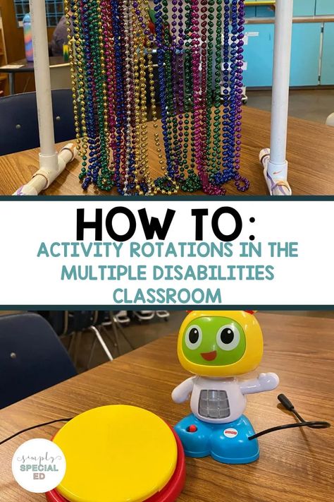 How are you using task systems in your multiple disability classroom? In this blog post I go over activity rotations that you can incorporate to find independent work that fits for all of your multiple disability students. I include a list of all my special education activities such as bead bars, sensory boards, and swinging bear that are all great ways to involve sound, texture and color. Read through all of my special education ideas on implementing a structured activity rotation here. Adaptive Games For Special Needs, Sensory Classroom Ideas Special Education, Adaptive Activities For Special Education, Special Education Sensory Activities, Fine Motor Special Education, Pmld Sensory Activities, Adaptive Learning Activities, Work Systems Special Education, Disabled Activities