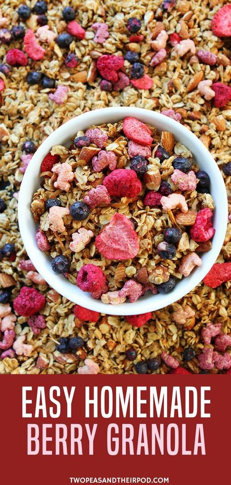 Berry Granola-this easy homemade granola is bursting with berries and fun bunny shapes for kids. It is great with milk, yogurt, or eaten by the handful. #berry #snacks #homemade #easyrecipe More back to school food ideas at twopeasandtheirpod.com. High Protein Granola Recipe, Protein Granola Recipe, High Protein Granola, Healthy Homemade Granola Recipe, Berry Granola, Easy Homemade Granola, Homemade Granola Healthy, Protein Granola, Granola Recipe Homemade