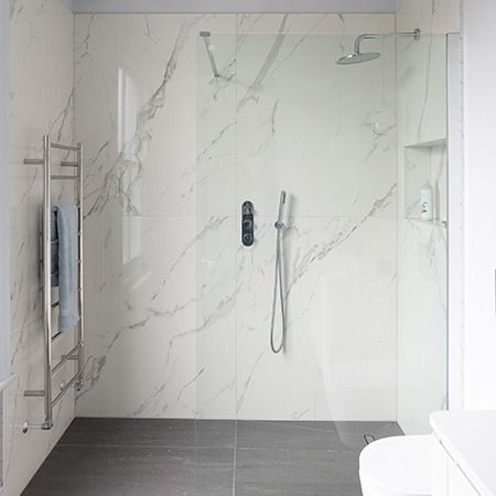 Showers With Large Format Tiles, Large Horizontal Shower Tile, Non Slip Tiles For Bathroom, Alternatives To Tile Showers, Large Tile Shower Floor Ideas, Tile Alternatives For Showers, Bathroom No Tiles On Walls, Bathroom Tile Alternatives, Alternative To Tile Shower Walls