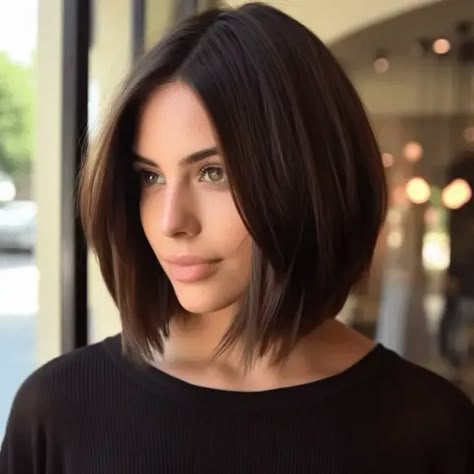 55 Trending Dark Brown Hair Color Ideas Right Now Dark Brown Long Bob Haircut, Bob Hairstyles Dark Brown Hair, Dark Bobs For Fine Hair, Short Dark Brown Hair Styles, Lob Dark Hair, Cool Dark Hair Color Ideas, Bob With No Bangs, Straight Hairstyles Brown Hair, Thick Brown Hair Cuts