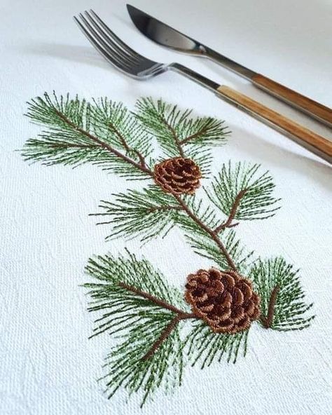 Evergreen Embroidery, Embroidered Pinecone, Pinecone Embroidery, Pine Cone Embroidery, Silk Ribbon Embroidery Tutorial, Bordados Tambour, Embroidery Napkins, Simple Hand Embroidery Patterns, Ribbon Embroidery Tutorial