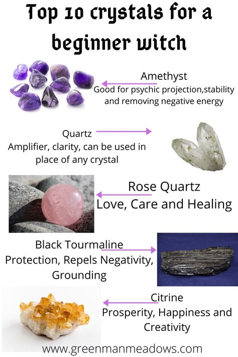 Learn which crystals everyone should have when they start out. Magic and witchcraft for beginners. Learn how to use crystals for healing and more Edited to add! Thank you guys for pointing out that the citrine pictured is actually heat treated amethyst! It's very common to come across the wrong one and pointing out this info is helpful to other new witches on learning to identifiy the correct stone. Witchlings Book, Witch Necessities, Witch Basics, Beginner Witches, Crystals For Beginners, Crystal Identification, Beginner Witch, Witchcraft Spells For Beginners, Witch Tips