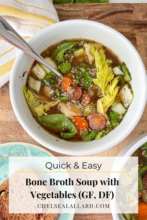 Try this nutrient-rich, high-protein bone broth soup recipe with simple veggies for beneficial fiber. Quick and easy, it comes together in less than 20 minutes, making it the perfect recipe for a simple weeknight dinner or lunch when you're working from home. Bone Broth Soup Recipes Veggies, Bone Broth Soup Recipes, Soup With Veggies, Bone Broth Soup, Broth Soup, Dairy Free Dinner, Gluten Sensitivity, Lactose Intolerant, Quick Weeknight Dinners