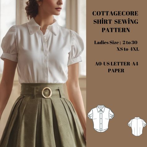 Cottagecore style  Shirt available as an instant download (pdf) sewing pattern bundle with a range of size options, including plus sizes ; ⭐US Sizes: 2, 4, 6, 8, 10, 12, 14, 16, 18, 20, 22, 24, 26, 28, 30 ⭐Standard Sizes: XS, S, M, L, XL, 2XL, 3XL, 4XL ⭐These patterns are suitable for A4 and US Letter size papers. ⭐Once your payment is processed, you will automatically receive download links for the pattern files. Please note that you can only download the files from a computer; they will not work on a phone or iPad. ⭐This is a digital product. You will receive zip files containing the patterns and sewing instructions. ⭐Due to the nature of digital downloads, no refund, return, or exchange of the files is possible. However, if you experience any problems with the files, please contact us, Cottagecore Shirt Pattern, Business Casual Corset Outfit, Cottage Core Patterns Sewing, Women's Shirt Patterns Free Sewing, Business Casual Sewing Patterns, Sewing Blouses For Women, Cottagecore Sewing Projects, Free Shirt Pattern, Dark Academia Sewing Pattern