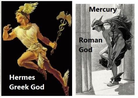 From the beginning, Mercury had essentially the same aspects as Hermes, wearing winged shoes (talaria) and a winged hat (petasos), and carrying the caduceus, a herald's staff with two entwined snakes that was Apollo's gift to Hermes. The Greek God Hermes, son of Zeus and Maia, was the messenger of the gods and the MEDIATOR between the realm of the dead and the kingdom of the living. While the Roman god Mercury was more involved in LEADING SOULS of deceased mortals into the afterlife. Winged Shoes, Greek God Hermes, God Mercury, Hermes Statue, God Hermes, Greece Mythology, Son Of Zeus, Greek Mythology Gods, Achilles And Patroclus