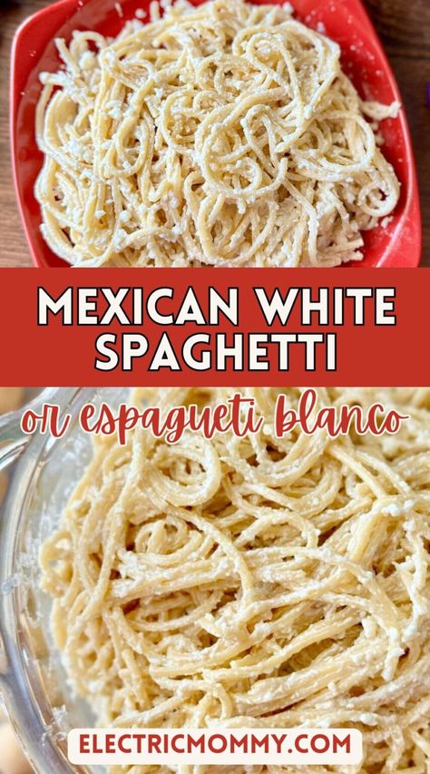 Mexican White Spaghetti (Espagueti Blanco) Creamy Tomato Spaghetti Recipes, Spaghetti Recipes White Sauce, Spaghetti White Sauce Recipes, Mexican Red Spaghetti, Spaghetti With Red And White Sauce, Mexican White Spaghetti Recipe, Red And White Sauce Pasta, Speggetti Sauce Recipe, Mexican Spaghetti Recipes