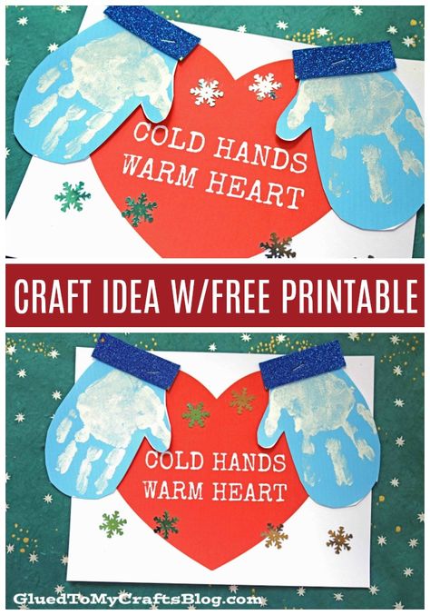 Cold Hands Warm Heart Craft, Heart Handprint, Cold Hands Warm Heart, Free Printable Templates, Winter Preschool, Wine Bottle Diy Crafts, Handprint Craft, Mason Jar Crafts Diy, Daycare Crafts