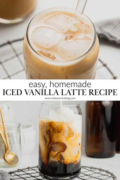 Coffee Recipes With Vanilla Syrup, Iced Coffee With Oat Milk, Homemade Iced Latte, Iced Vanilla Latte Recipe, Expresso Recipes, Vanilla Latte Recipe, Vanilla Simple Syrup, French Vanilla Syrup, Iced Vanilla Latte