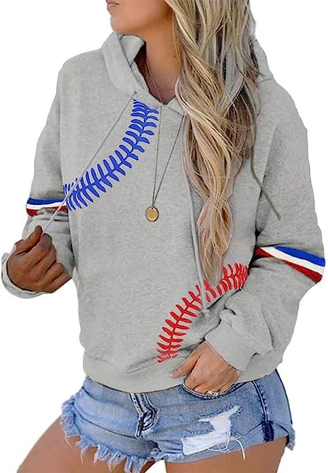 Star Print Colorblock Shirt Womens Long Sleeve American Flag 4th of July Pullvoer Blouse Tops Women Baseball Outfit, Round Neck Blouse, Baseball Sweatshirts, Baseball Hoodie, Raglan Long Sleeve, Patch Work Blouse, Baseball Mom Shirts, Loose Pullover, Mom Sweatshirt