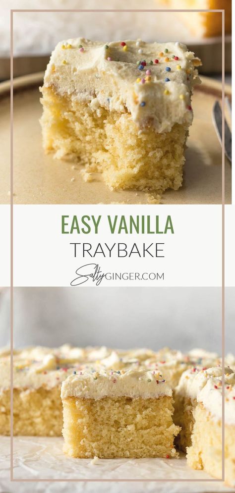 This easy, soft, homemade, moist vanilla traybake or vanilla sheet cake comes together with a few pantry ingredients. This is my ultimate classic from-scratch vanilla cake recipe that not only works great as a sheet cake or traybake but makes delicious cupcakes and a superb two-layer cake. Vanilla Sheet Pan Cake, One Layer Cake Design Birthdays, Easy Vanilla Sheet Cake, Easy Vanilla Sheet Cake Recipe, Vanilla Cake 9x13 Recipe, Cake Recipes Sheet Pan, Vanilla Cake Recipe Sheet Pan, Vanilla Cake Recipe 9x13, School Dinner Cake