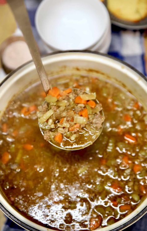 Hamburger Barley Soup Ground Beef, Beef Barley Soup Stovetop, Hamburger Barley Soup, Barley Recipe Healthy, Vegetable Beef Barley Soup, Beef Barley Stew, Leftover Roast Beef, Barley Recipe, Ground Beef Recipe