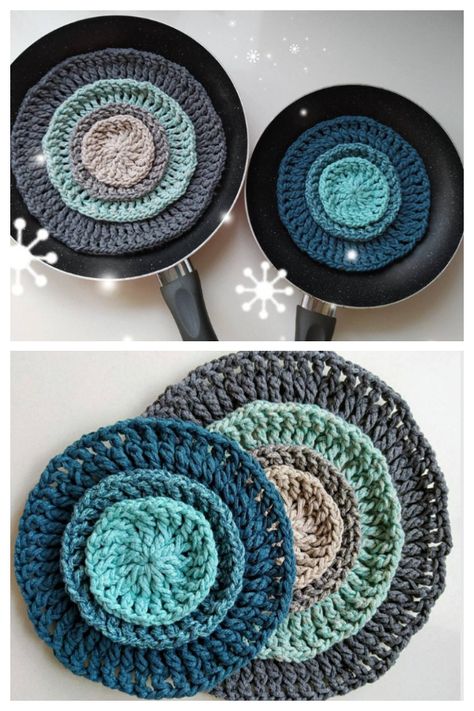 Pan Protectors Free Crochet Patterns & Paid - DIY Magazine Crochet Pot Protectors Free Pattern, Household Knitting Projects, Crochet Pot Protectors, Crochet Pan Handle Cover, Crochet Pan Protectors Free Pattern, Pan Protectors Pattern, Crochet Pan Protectors, Pan Savers Crochet, Pan Protector Crochet Pattern