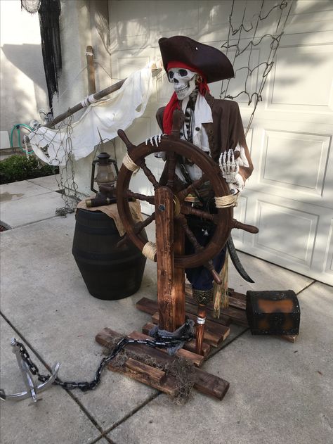 Pirate skeleton helmsman 2016 Pirate Decorations Diy, Pirate Halloween Decorations, Pirate Halloween Party, Pirate Props, Halloween Themes Decorations, Halloween Skeleton Decorations, Pirate Decor, Casa Halloween, Pirate Theme Party