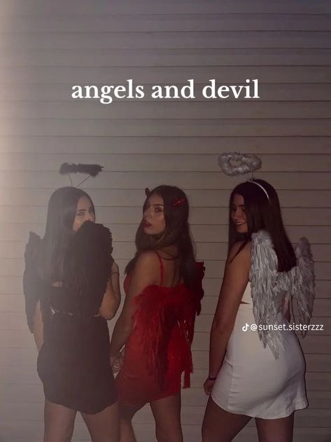 Devils Angel Costume, Costume Party Ideas Outfits Group, Angels And Devils Group Costume, Trio Party Outfits, Angel Trio Costume, Trio Outfit Ideas Halloween, Halloween Costumes Angel Black, Charles Angles Halloween Costume, Angel Group Costume