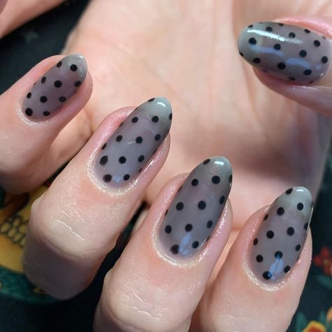 Sexy sheer polka dots for @slstonehouse 🖤🖤🖤🖤🖤 #nails #nailart #nailporn #nailswag #nailtech #newcastle #nailsonpoint #nailsonfleek… Polka Nails, Chrome Polka Dot Nails, Sheer Black Polka Dot Nails, Pokadot Nails Brown, Black Nails Polka Dots, White Nails Black Polka Dots, Nails On Fleek, Nail Trends, Nail Tech