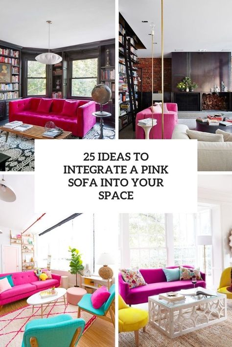 DigsDigs - Interior Decorating and Home Design Ideas Pink Sofa Living Room Ideas, Pink Sofa Living Room, Pink Loveseat, Bright Sofa, Monochromatic Living Room, Feminine Living Room, Bold Furniture, Sofa Living Room Ideas, White Ottoman