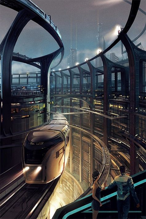 Future elevated train Futuristic Technology Concept Art, Kota Masa Depan, Ville Cyberpunk, Art Cyberpunk, Sci Fi City, Technology Art, Cyberpunk City, Technology Wallpaper, Have Inspiration