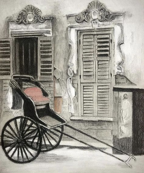 Charcoal sketch of a heritage structure and the rickshaw in Kolkata. Whimsical Art Journal, Bengali Art, Contemporary Folk Art, Travel Art Journal, Illustration Sketchbook, Pen Art Drawings, Charcoal Sketch, Architecture Drawing Art, Charcoal Art