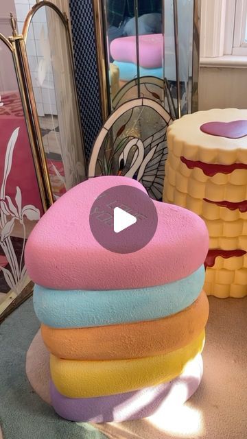 Jonny Carmack on Instagram: "💖 candy heart makeover💖 One of my friends scored this conversation heart stool for me and the colors were just not givinggggg hunny!😭 I decided to give it a little pastel makeover & it looks less scary now & super cute 💖 This DIY cost like $5 and is super easy to do. Highly recommend adding a little paint to those items that you have that just need a little customization 💅🏻✨ The bow at the end 🎀😍 Love you guys 💎" Candy Room In House, Giant Furniture, Food Stool, Candy Bedroom, Easter Decorating Ideas, Candy Room, Stool Makeover, Faux Food, Conversation Heart