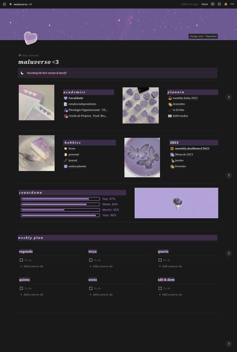 #Purple_Notion #Dark_Purple_Color_Scheme #Notion_Homepage #Homepage_Inspiration Homepage Inspiration, Mildliner Highlighters, Notion Aesthetic, Wake Ideas, Homepage Template, Med School Motivation, Life Hacks Computer, Templates Free Design, Small Business Planner