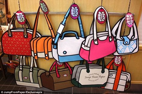 Real-life: The anime-inspired 'JumpFromPaper' creations sell online from £37 to £56 - plus a UK postage charge of £17 - and have colourful names such as 'tropical fish', 'afternoon tea' and 'travel fever' Incredible Cartoon, Jump From Paper, 2d Bags, Paper Purse, Cartoon Bag, Comic Book Heroes, Simple Bags, Anime Inspired, Cartoon Styles