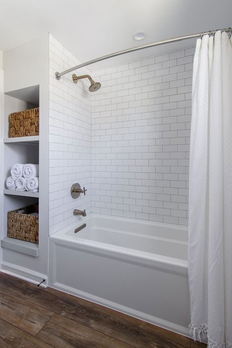 Subway Tile Bathroom Wood Floor, Tiled Bathroom Floors And Showers, Bathtub With Subway Tile, Hallway Bathroom With Tub, Bathtub Subway Tile Surround, Subway Tile Shower With Tub, Bathtub And Tile, Bathrooms With Wood Tile Floors, Tub With Herringbone Tile Walls