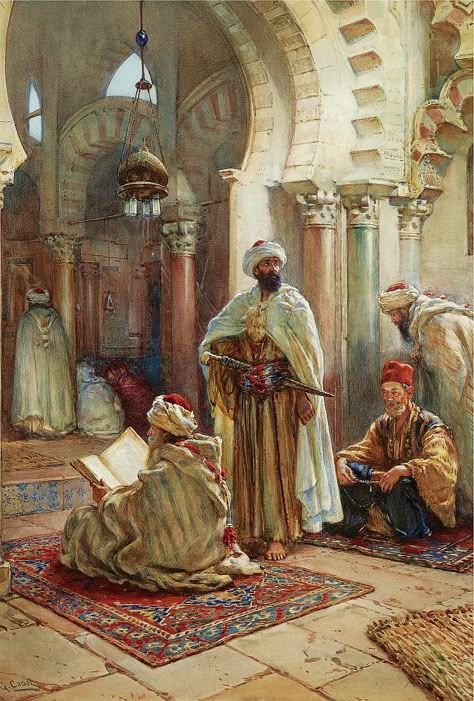 ✨ Giuseppe Carosi, Italian, (1883-1965) - PRAYER AT THE MOSQUE, signed, watercolor on paper, 75.5 by 52cm., 29¾ by 20½in. Watercolor On Paper, North Africa, Reading